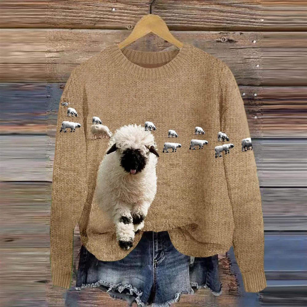 Stilla | Behagelig Strikpullover Med Rund Halsudskæring og Stray Sheep Tryk