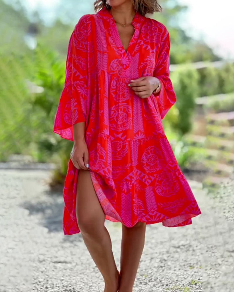 Stilla | 3/4-Ærmet Kjole med Geometrisk Boho-Print