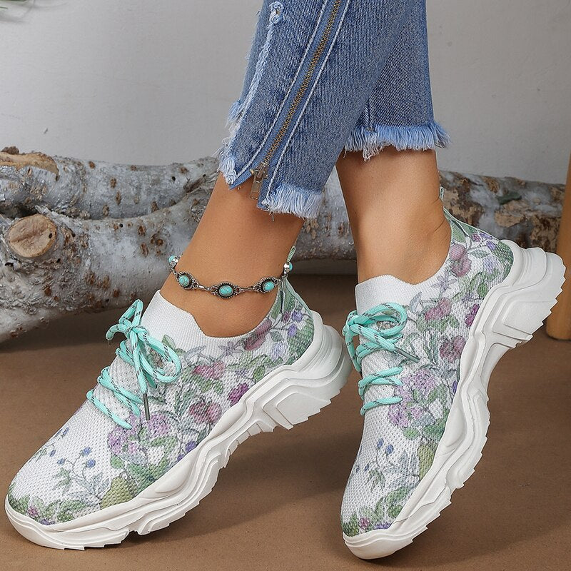 Stilla | Åndbare Ortodontiske Sneakers Med Snørebånd Og Blomster Mønster