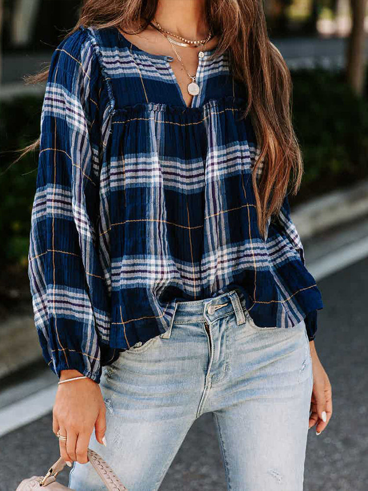 Stilla | Nuttet Langærmet Scoop Hals Stribet Bluse Top