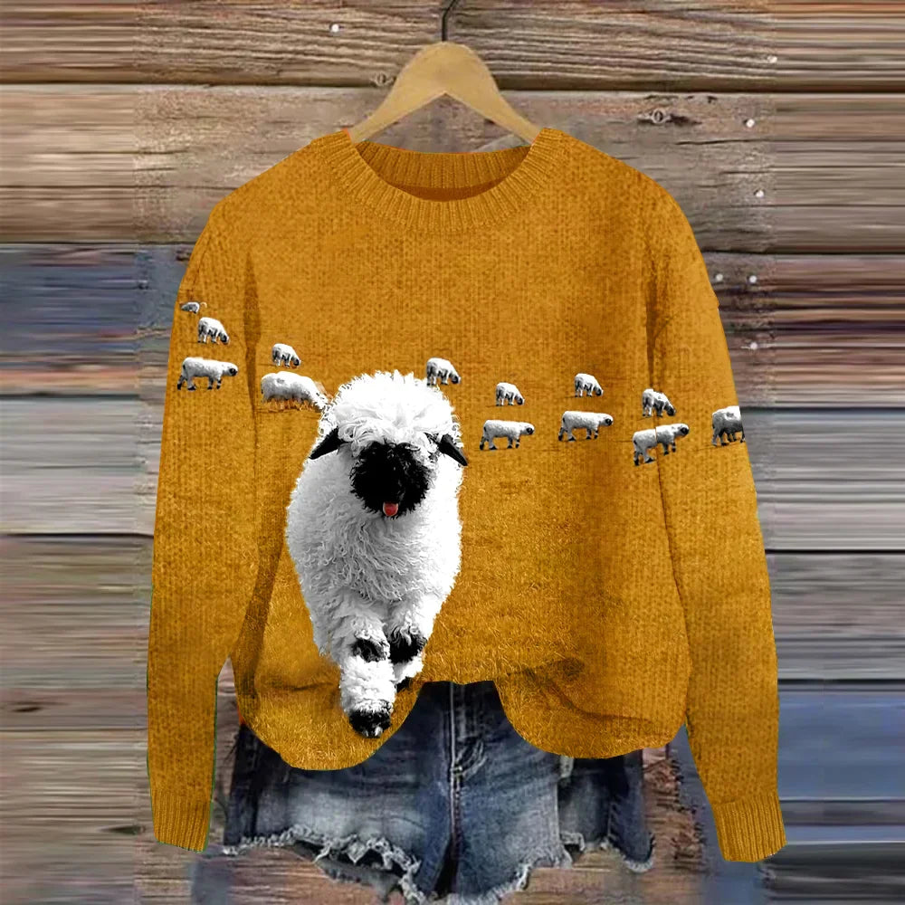 Stilla | Behagelig Strikpullover Med Rund Halsudskæring og Stray Sheep Tryk
