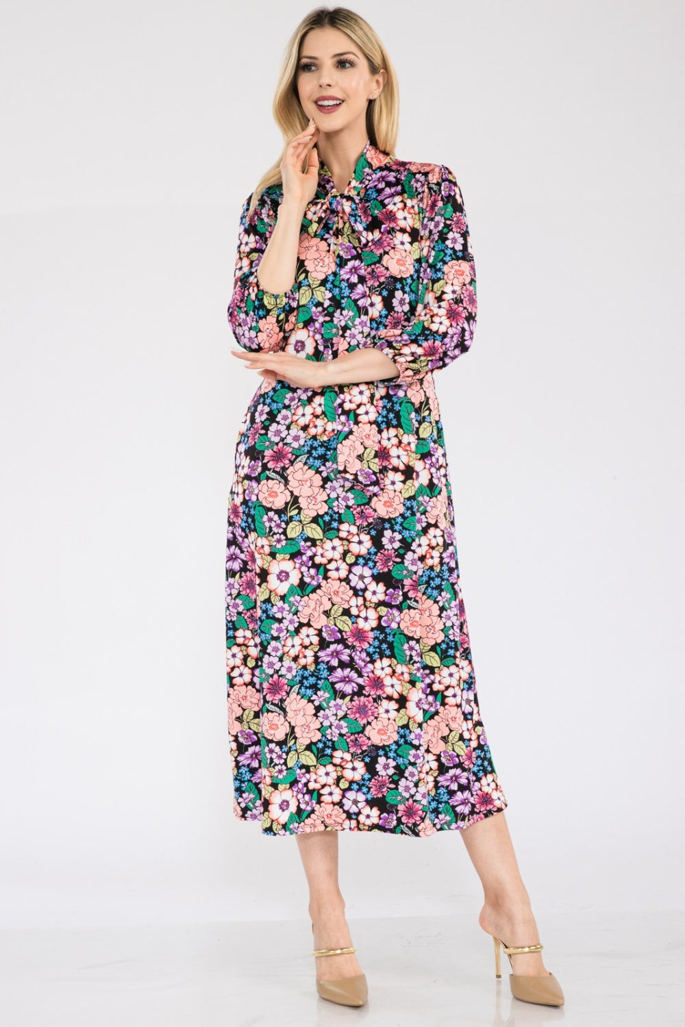 Stilla | Full Size Floral Midi Kjole Med Sløjfe Bundet