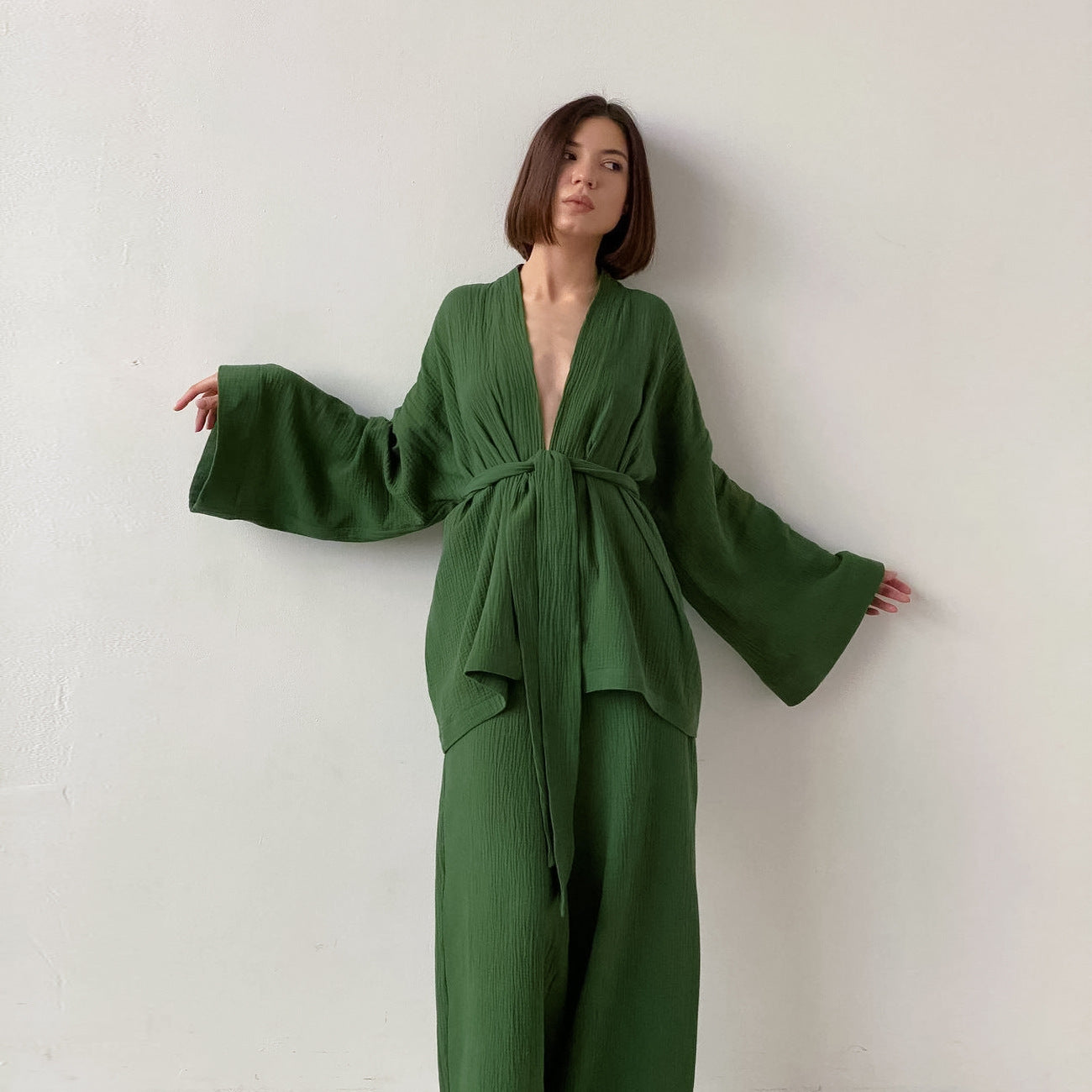 Stilla | Kimono Blazer Bundet Top Bred Ben Bukser Co Ord Sæt