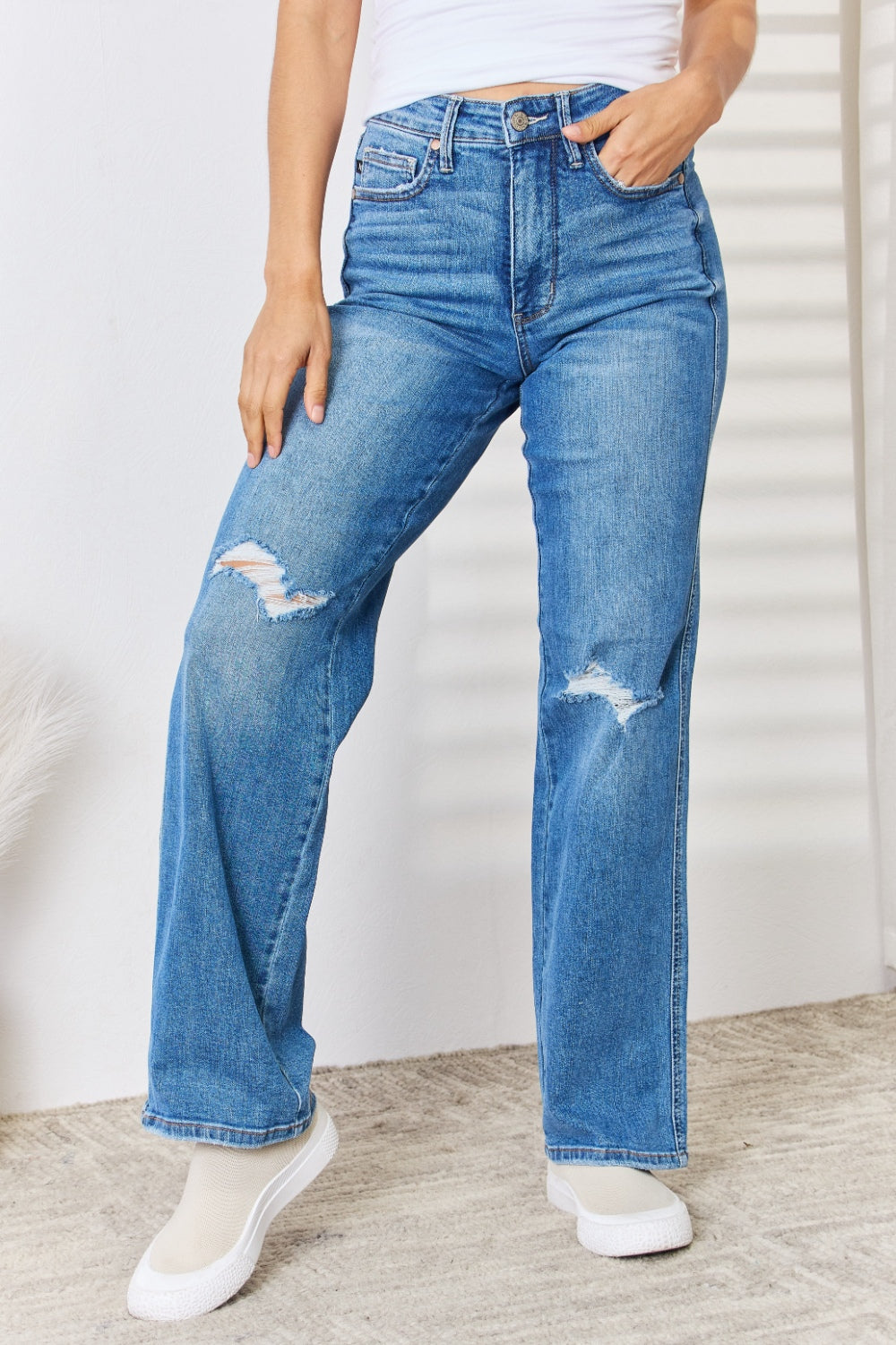 Stilla | Blå Fuldt Størrelse Høj Talje Distressed Straight-Leg Jeans