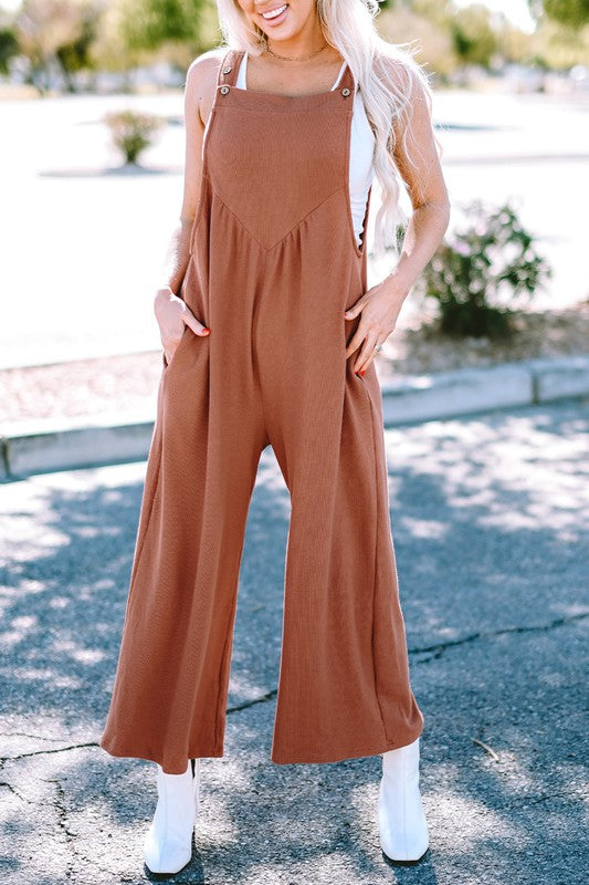 Stilla | Tekstureret Knappet Rynket Bred Ben Jumpsuit