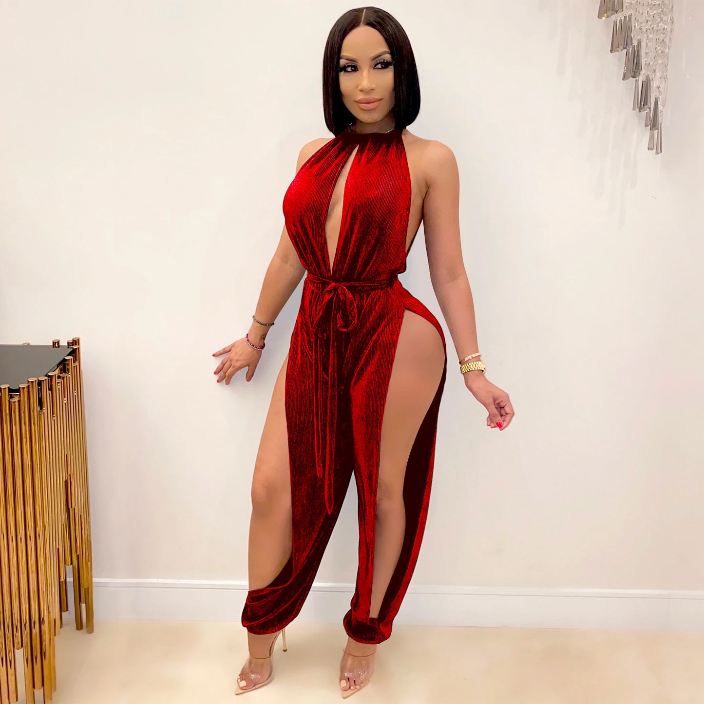 Dame Elegant Højhalset Jumpsuit med dybe Sideslids og Bindebælte Stilla