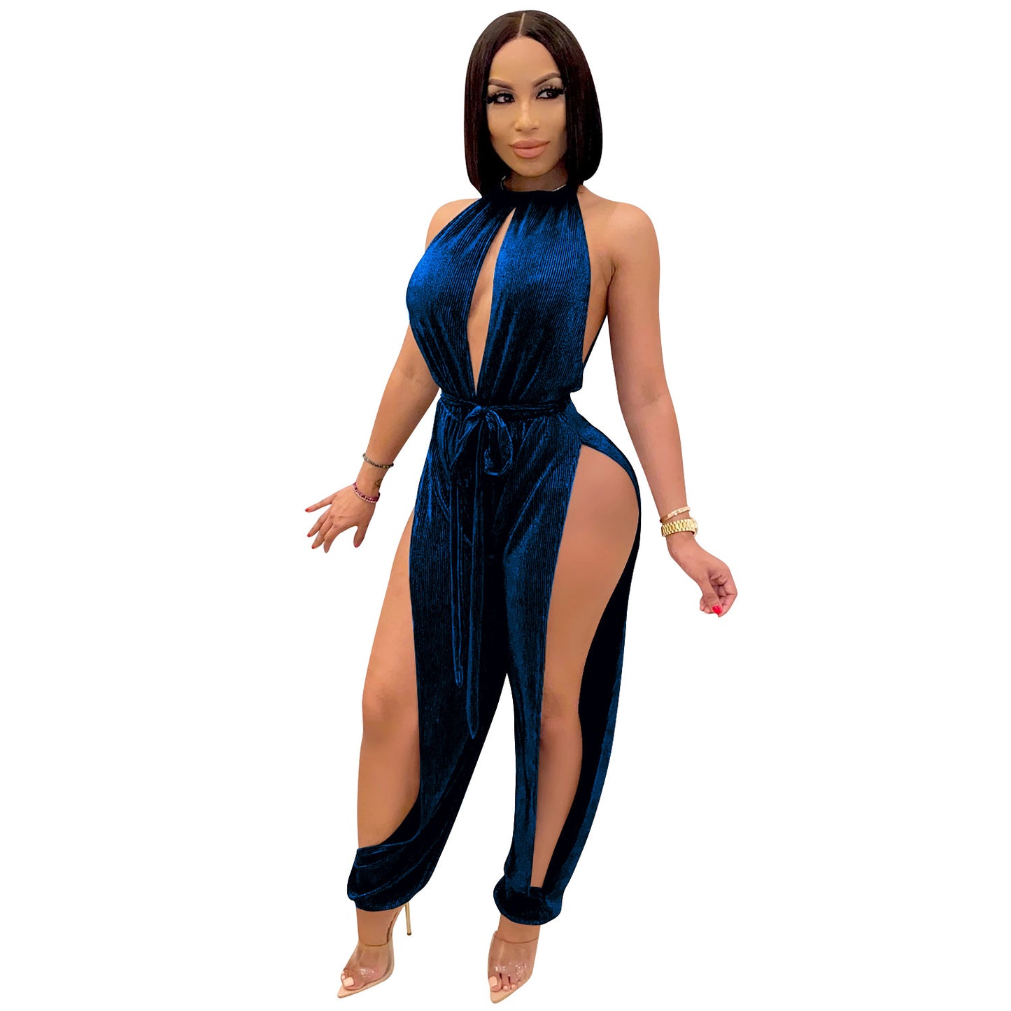 Dame Elegant Højhalset Jumpsuit med dybe Sideslids og Bindebælte Stilla