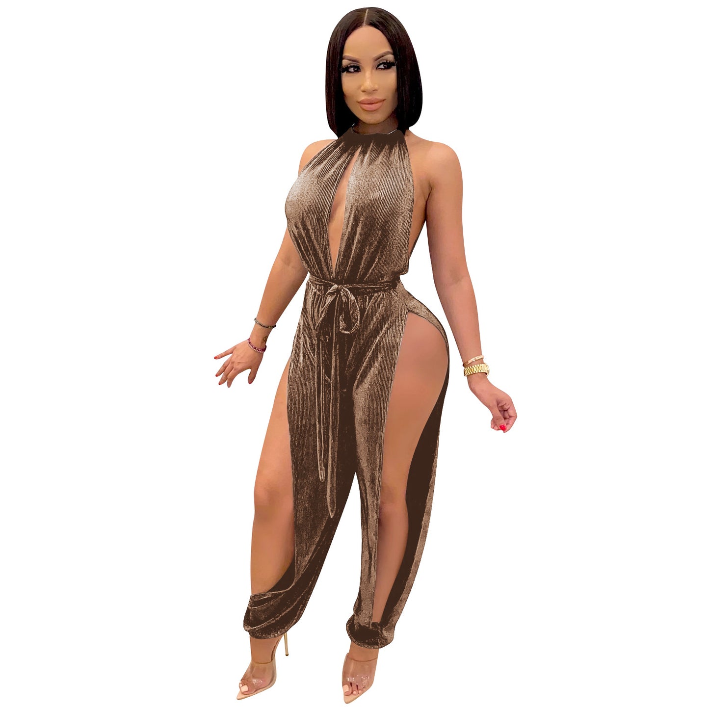 Dame Elegant Højhalset Jumpsuit med dybe Sideslids og Bindebælte Stilla