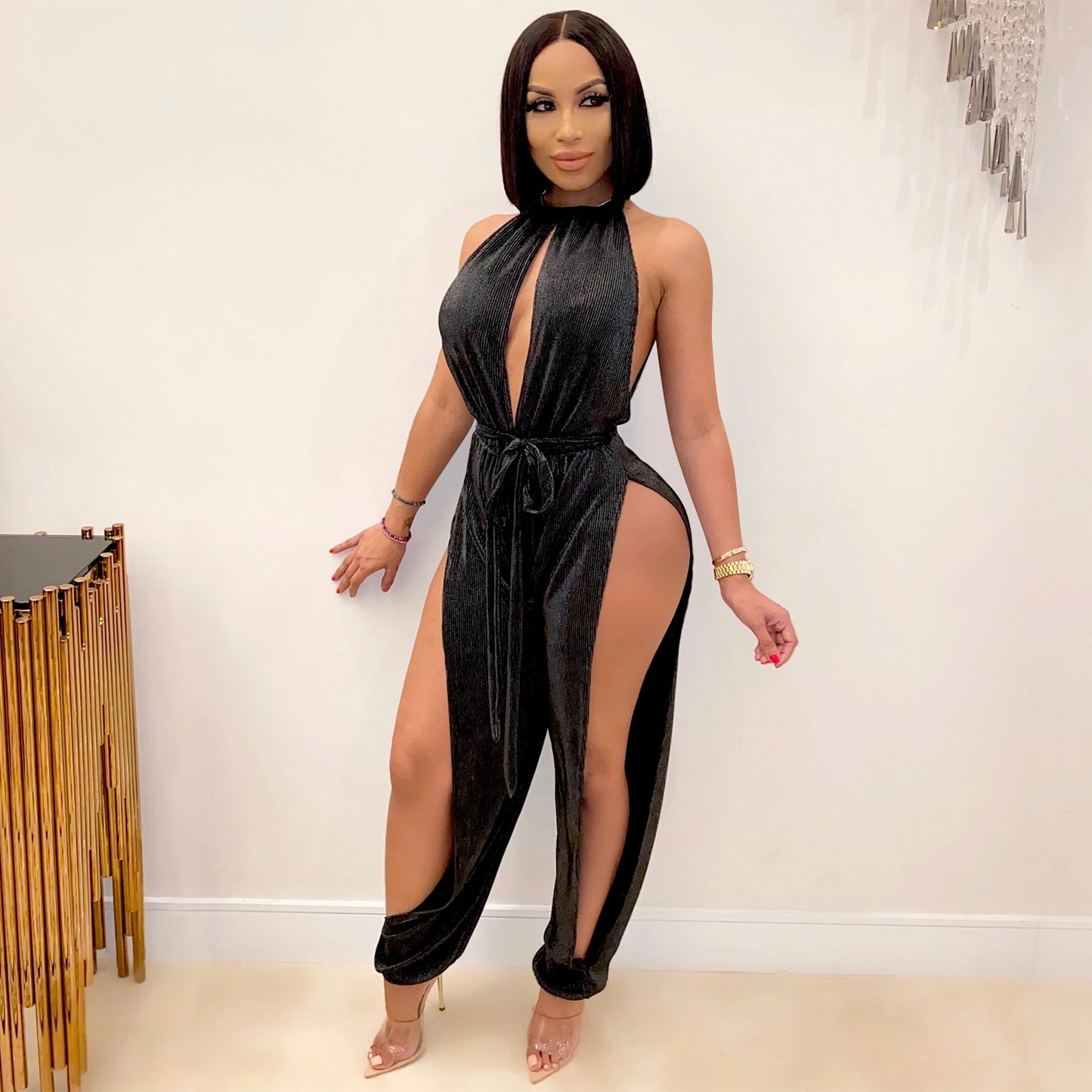 Dame Elegant Højhalset Jumpsuit med dybe Sideslids og Bindebælte Stilla