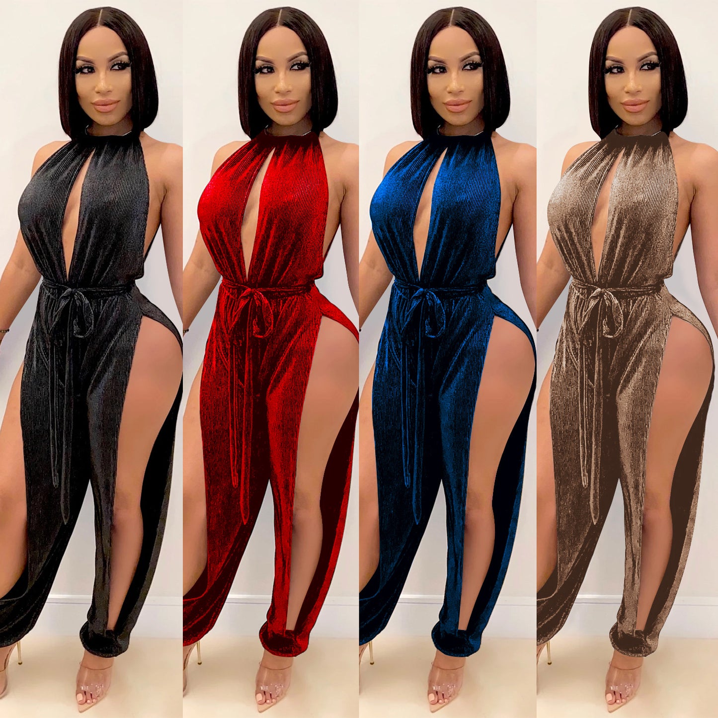 Dame Elegant Højhalset Jumpsuit med dybe Sideslids og Bindebælte Stilla