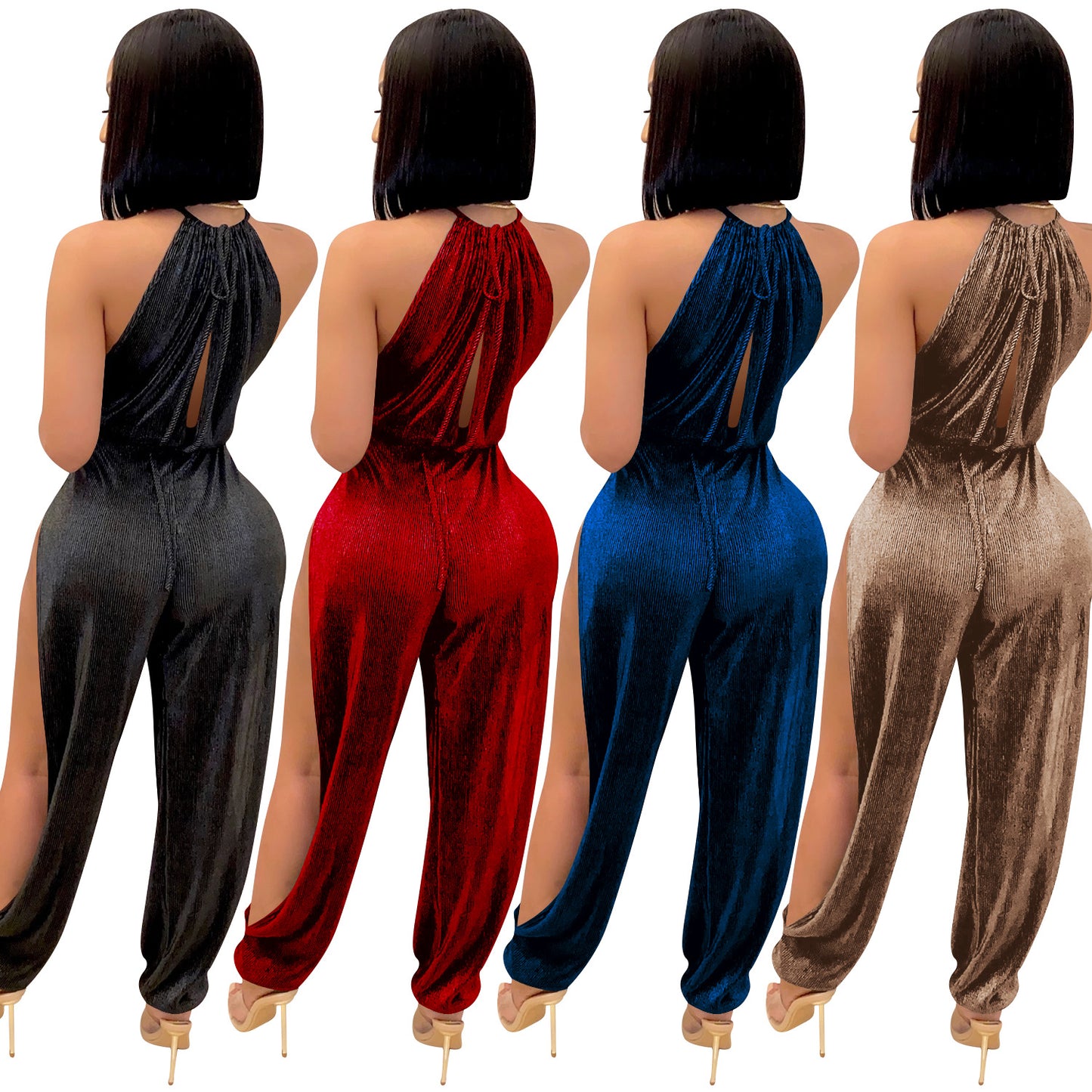 Dame Elegant Højhalset Jumpsuit med dybe Sideslids og Bindebælte Stilla