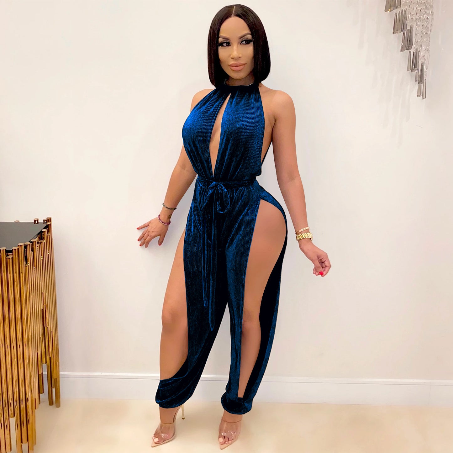 Dame Elegant Højhalset Jumpsuit med dybe Sideslids og Bindebælte Stilla