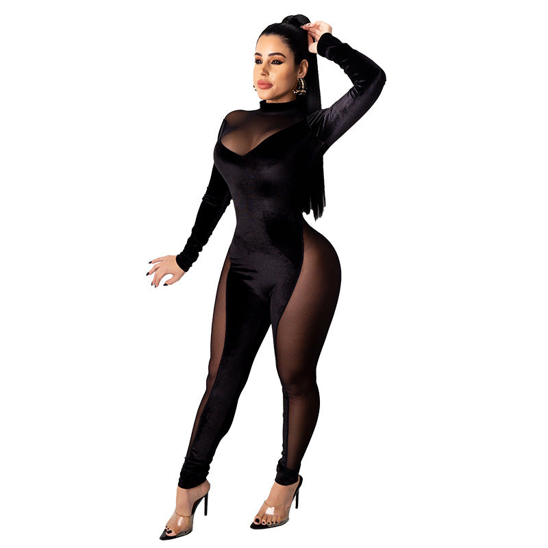 Dame figursyet jumpsuit med gennemsigtige indsatser og elegant ståkrave Stilla
