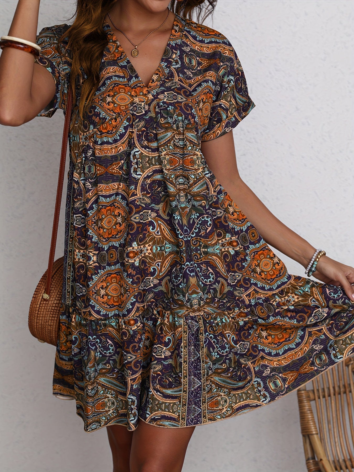 Stilla | Sukienka Paisley V-Neck Løs Kortærmet Sommerkjole