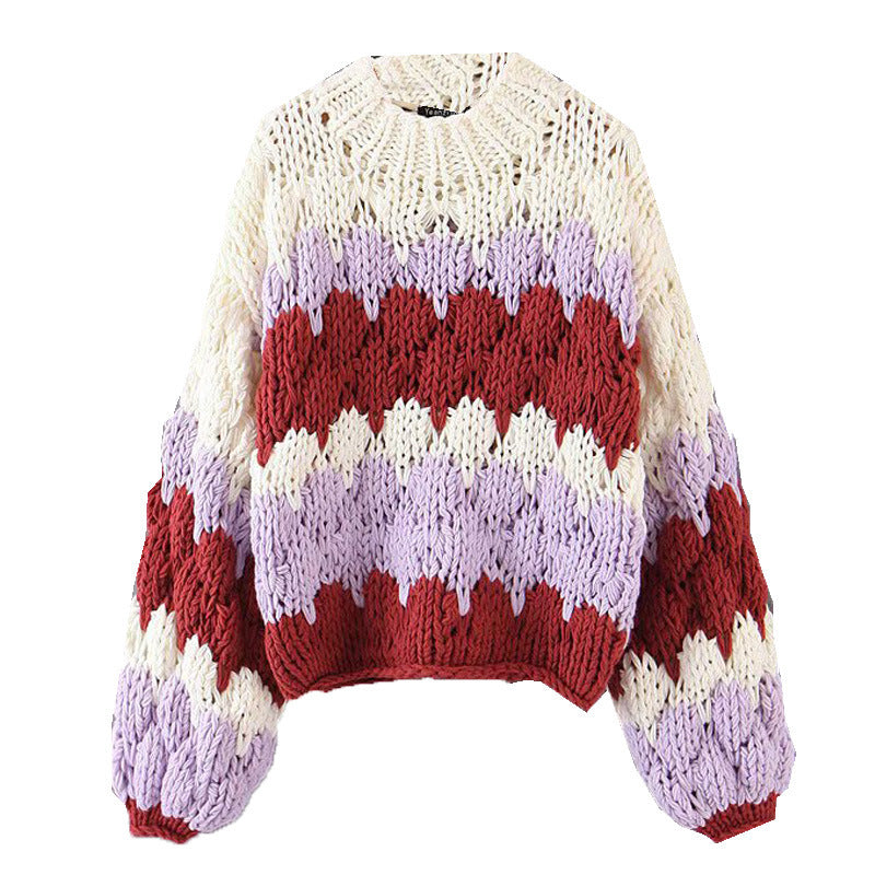 Dame grovstrikket pullover med moderne bølgemønster og voluminøse ærmer Stilla