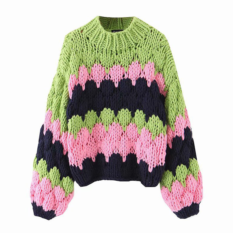 Dame grovstrikket pullover med moderne bølgemønster og voluminøse ærmer Stilla