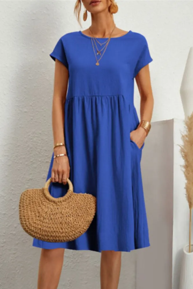 Stilla | Simple Patchwork Casual Dress with ONeck and ALine Short Sleeves