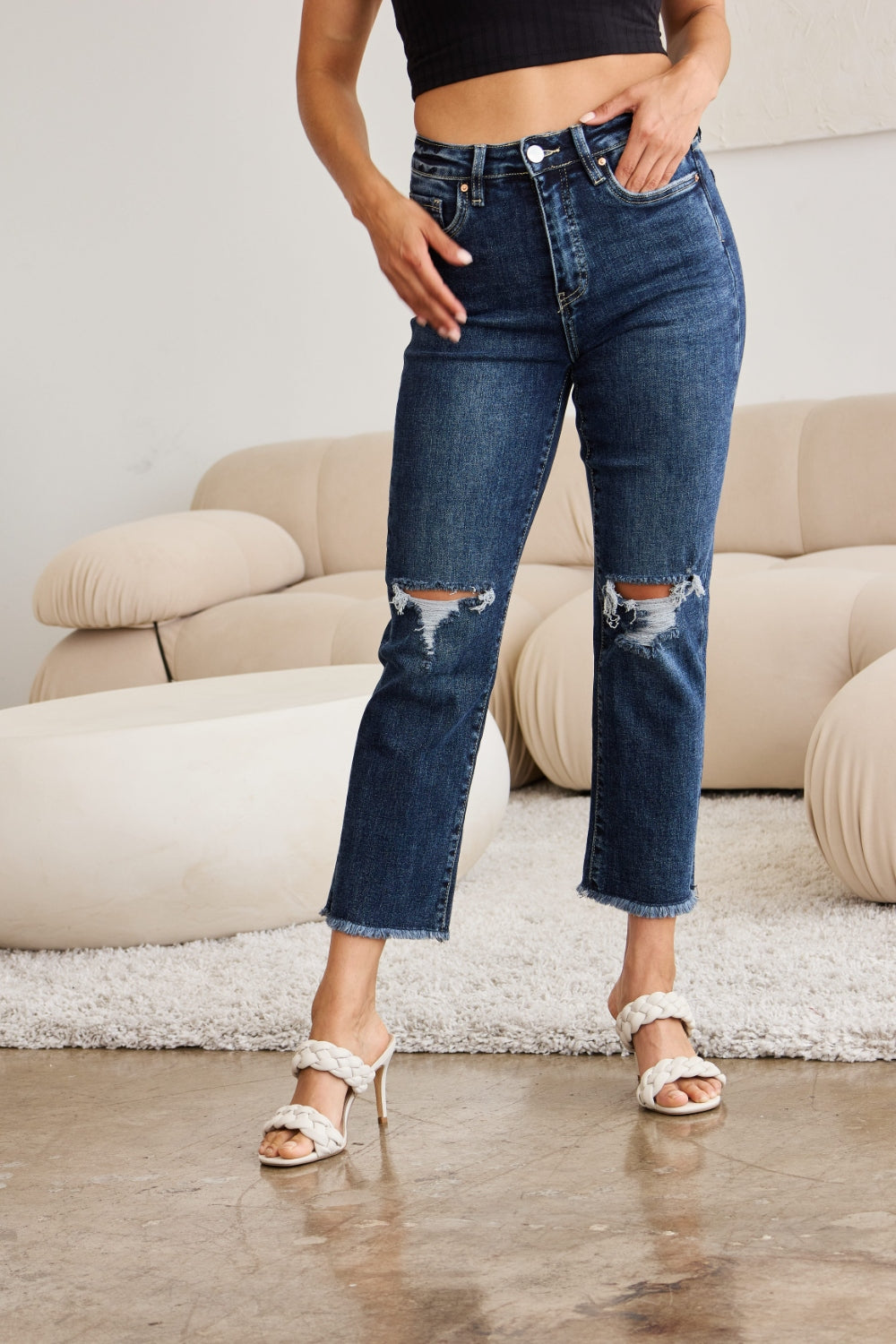 Stilla | Crop Dylan Full Size Mavekontrol Slidt Højtaljede Raw Hem Jeans
