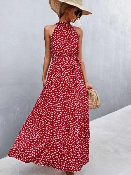 Stilla | Strappy Halterneck Jumpsuit Kjole Med Flæser Og Prikker Print, Bestseller