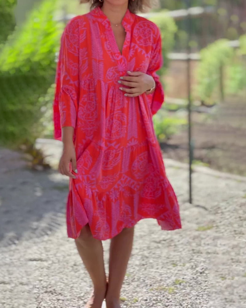 Stilla | 3/4-Ærmet Kjole med Geometrisk Boho-Print