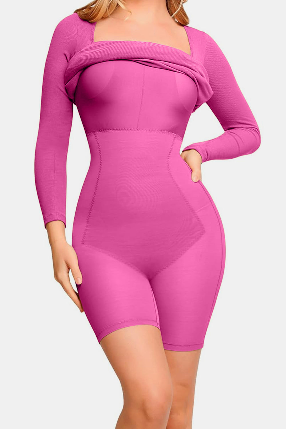 Stilla | Bae Full Size Indbygget Shapewear Square Neck Langærmet Kjole