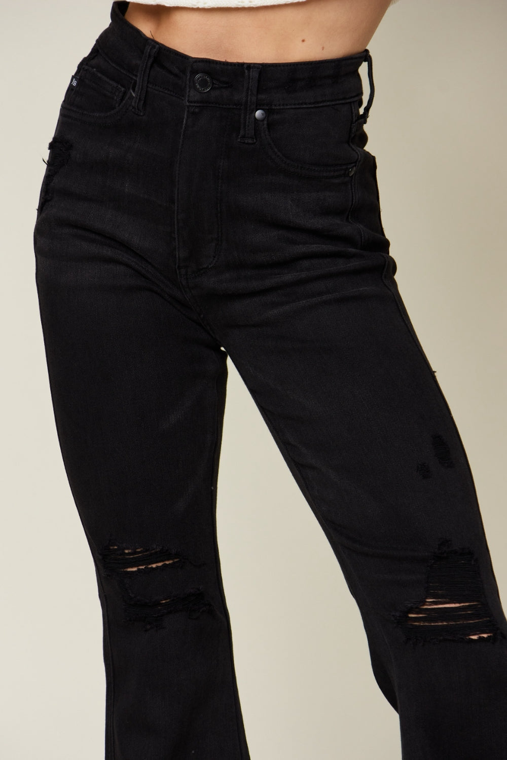 Stilla | Blå fuld størrelse højtaljede distressed flare jeans