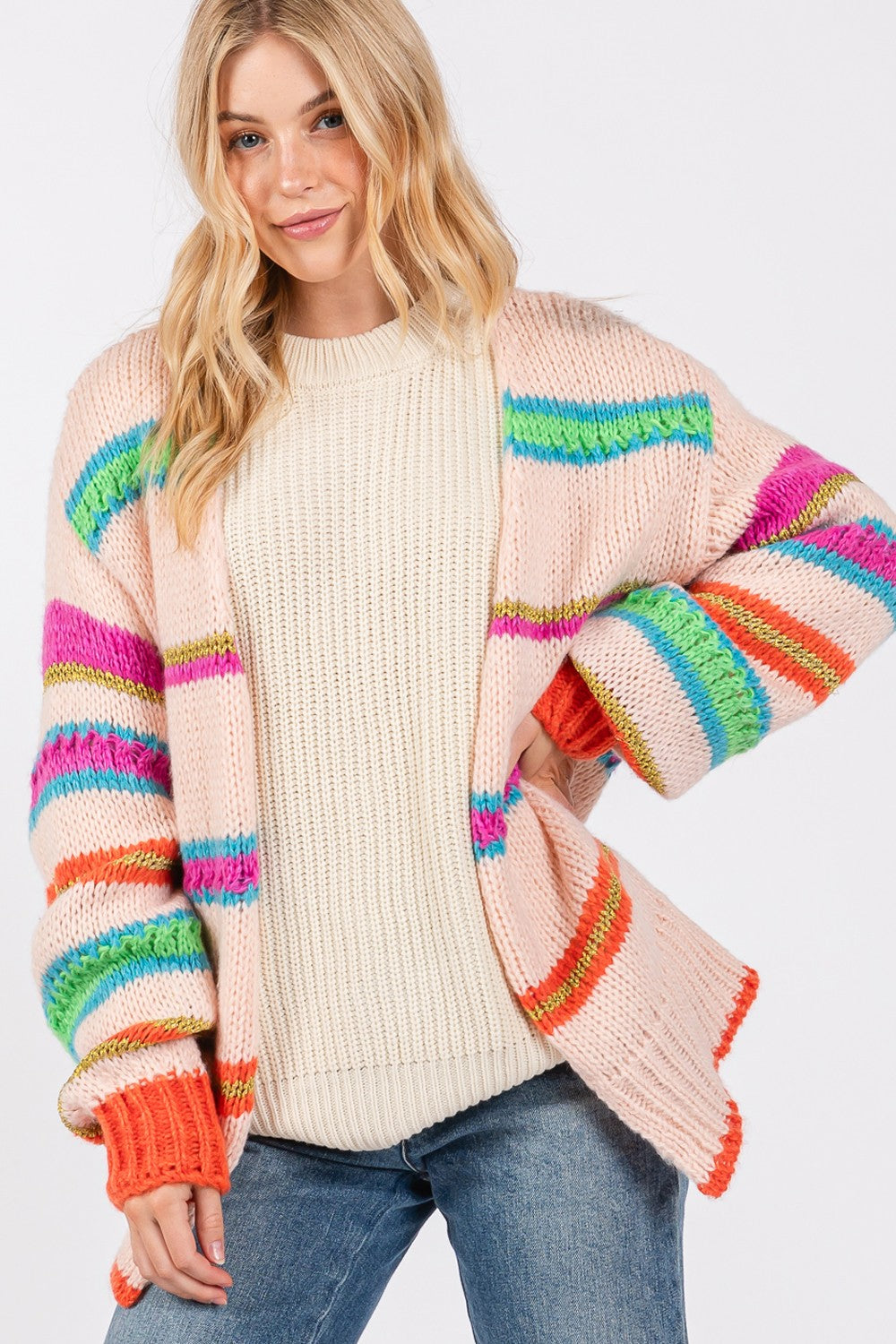 Stilla | Regnbue Stribet Åben Front Strik Cardigan