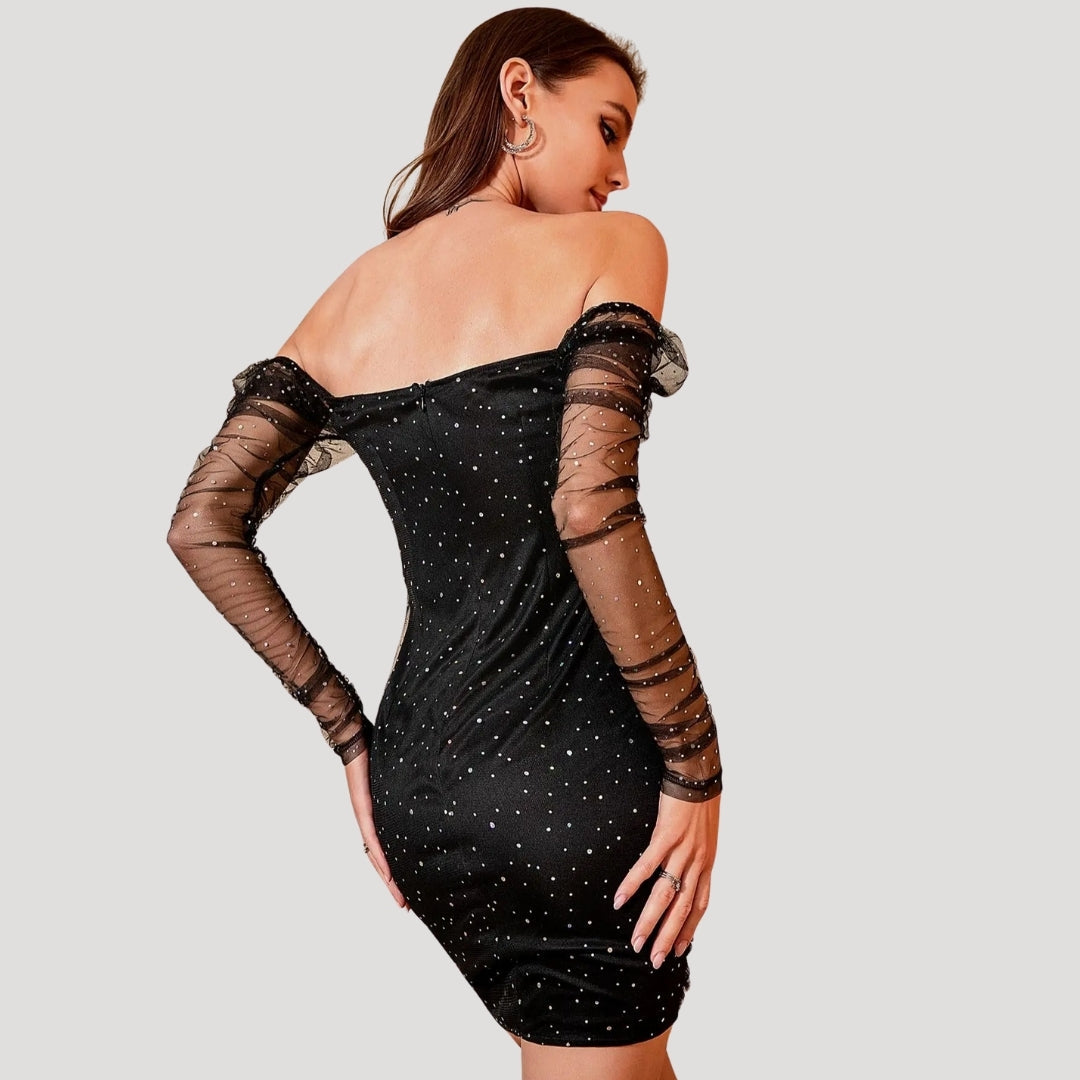 Stilla | Kvinders Glitrende Mesh Ærme Fest Bodycon Mini Kjole