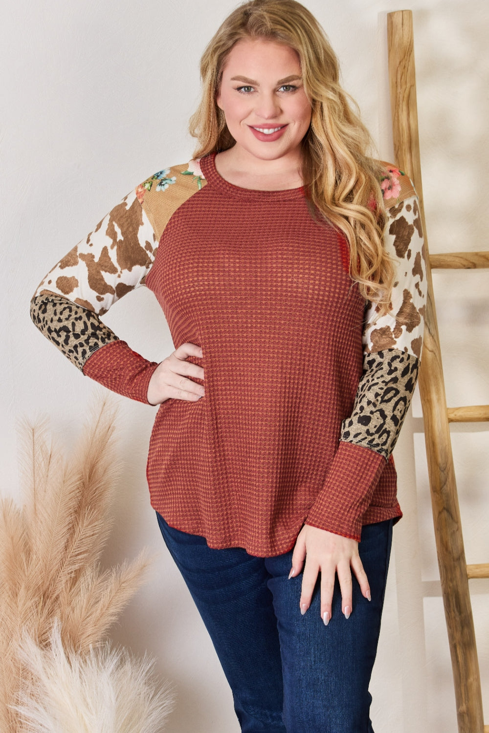 Stilla | Co Plus Size Leopard Vaffelstrik Bluse