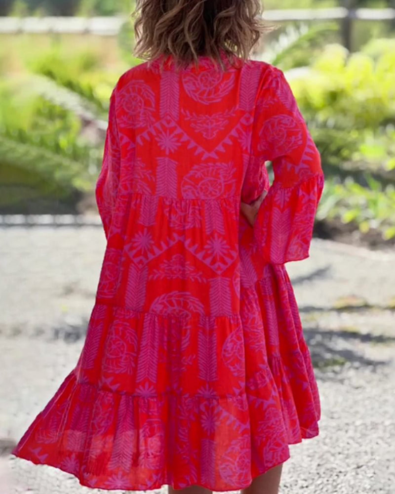 Stilla | 3/4-Ærmet Kjole med Geometrisk Boho-Print