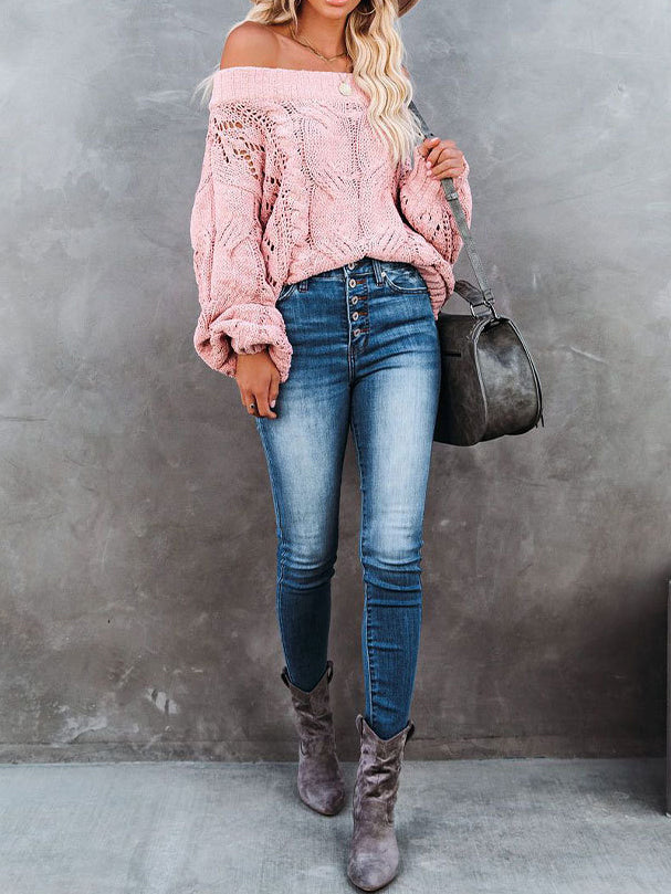 Stilla | Moda Langærmet Off Shoulder Strikket Trøje
