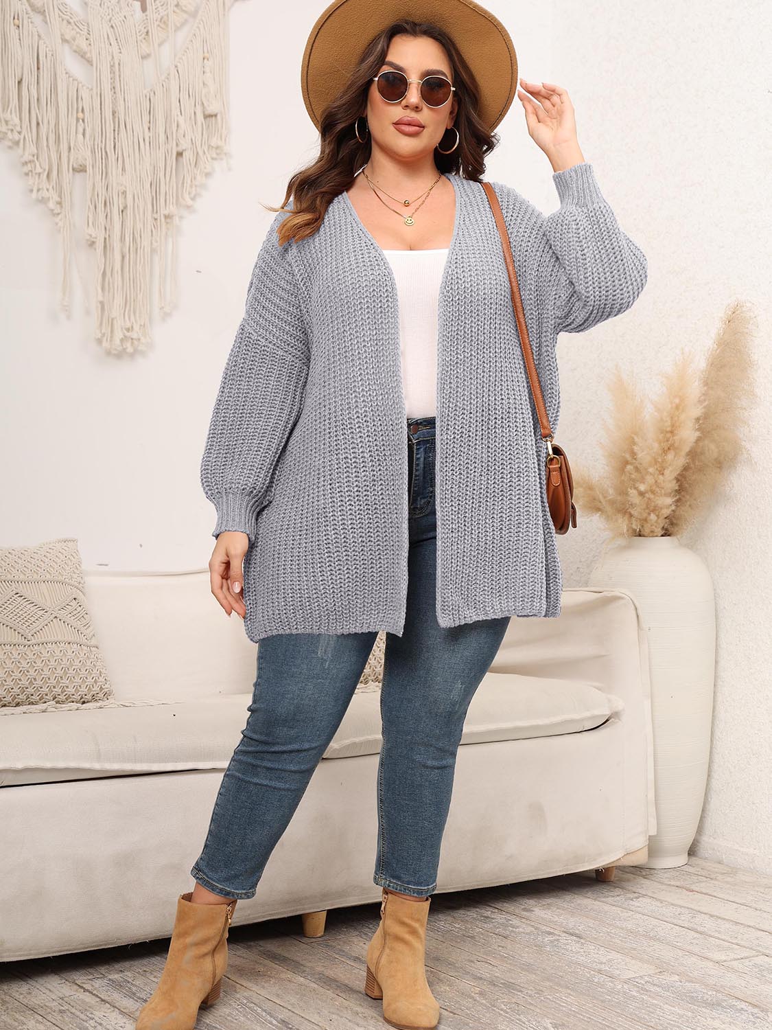 Stilla | Plus Size Åben Front Faldet Skuldre Strik Cardigan