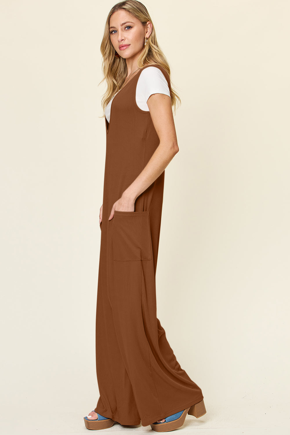 Stilla | Tag Full Size Ærmeløs Bred Ben Jumpsuit Med Lommer