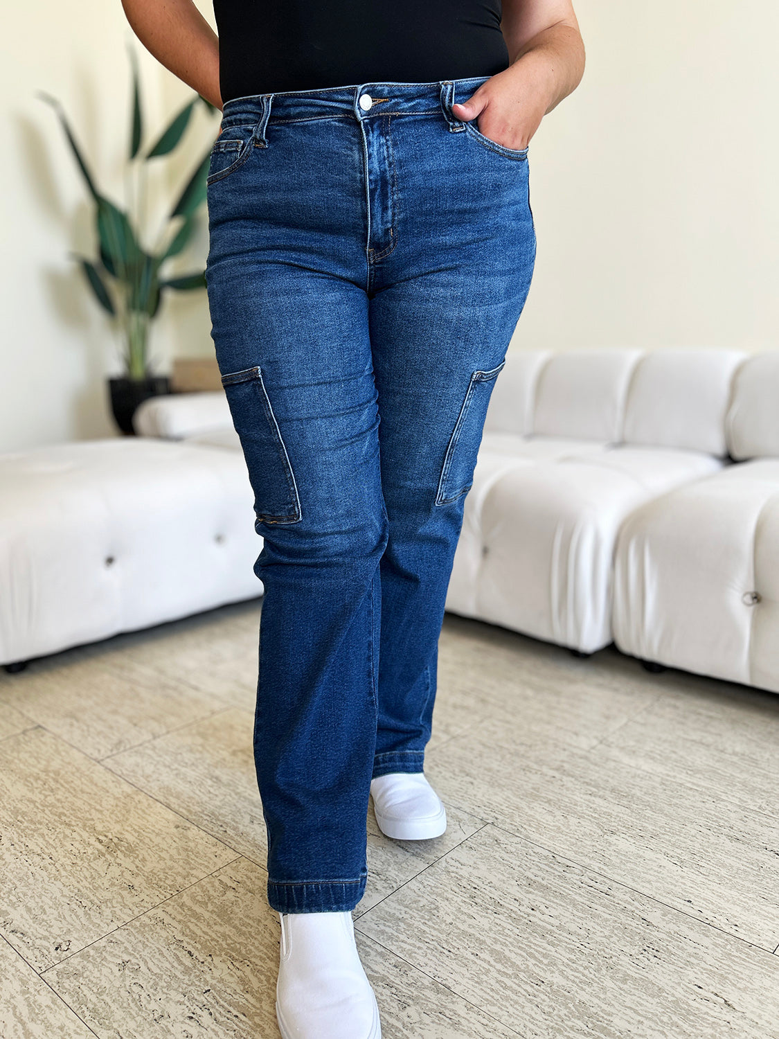 Stilla | Blå Fuld Størrelse Høj Talje Lige Cargo Jeans