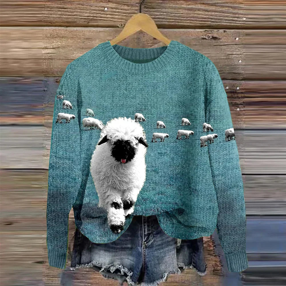 Stilla | Striktrøje Med Rund Hals Og Stray Sheep Print