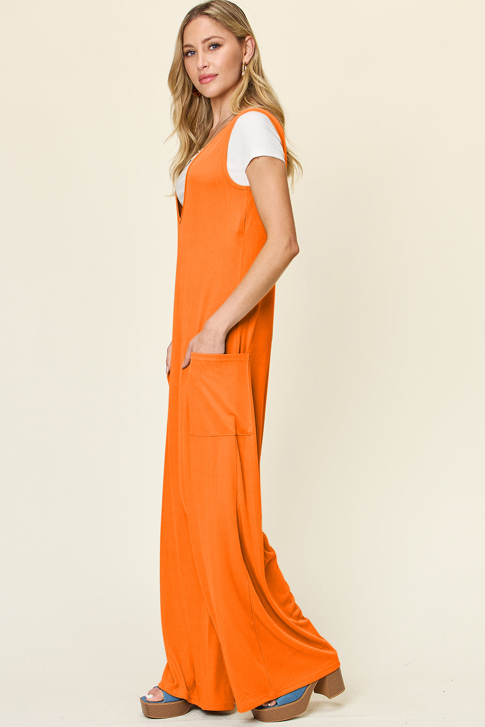 Stilla | Tag Full Size Ærmeløs Bred Ben Jumpsuit Med Lommer