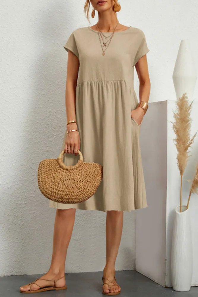 Stilla | Simple Patchwork Casual Dress with ONeck and ALine Short Sleeves