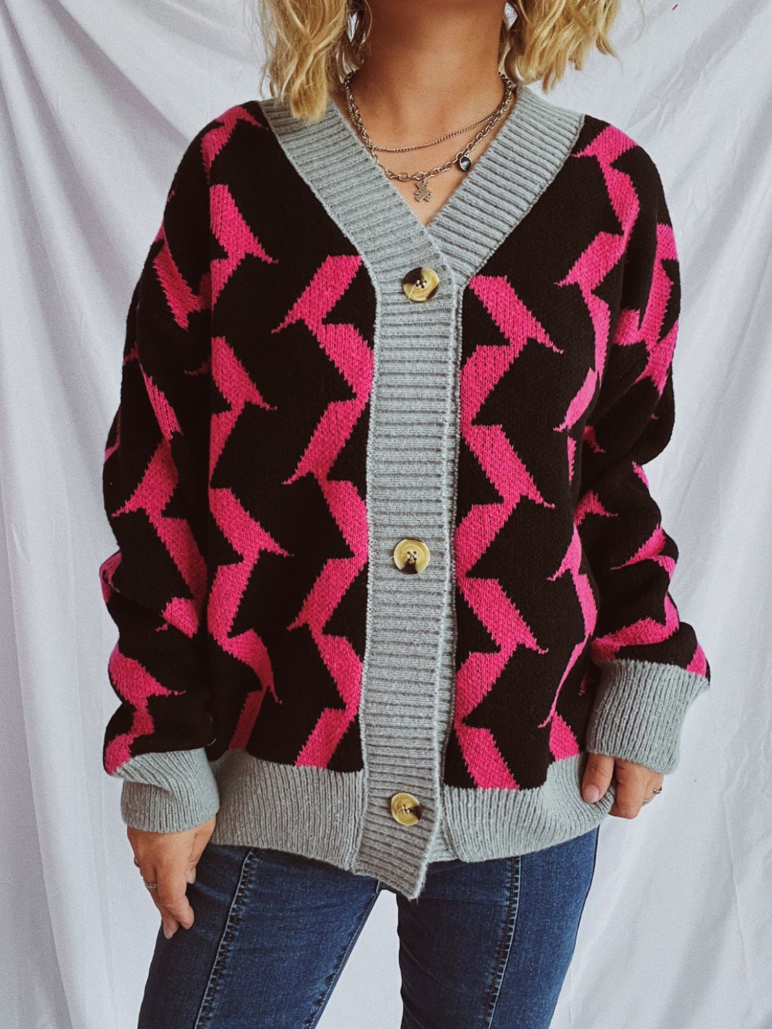 Stilla | Trim Geometrisk V-hals Langærmet Cardigan