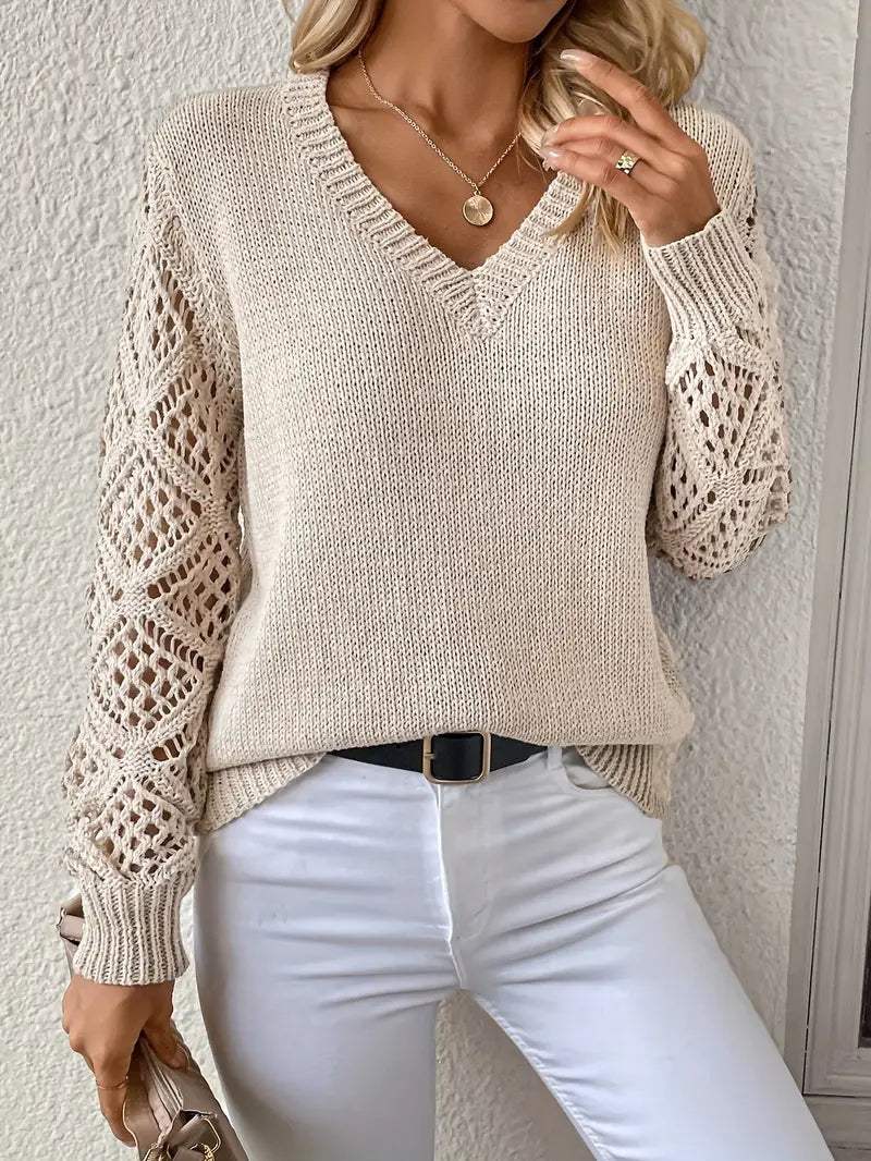 Stilla | Trøje Elegant V-hals, Hæklede Ærmer, Blødt Materiale Perfekt Til Afslappet og Chic Outfits