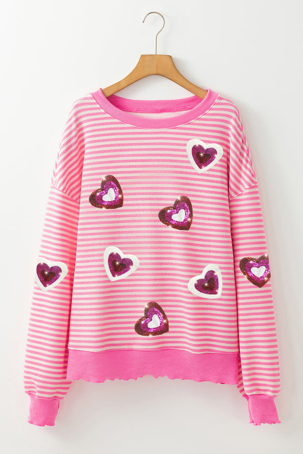 Stilla | Top Saint Valentin Med Lange Ærmer i Rosa Striber Og Hjerte-patch Med Pailletter