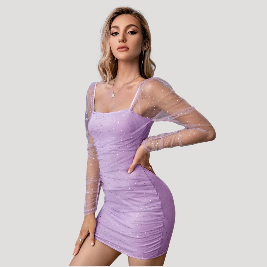 Stilla | Kvinders Glitrende Mesh Ærme Fest Bodycon Mini Kjole