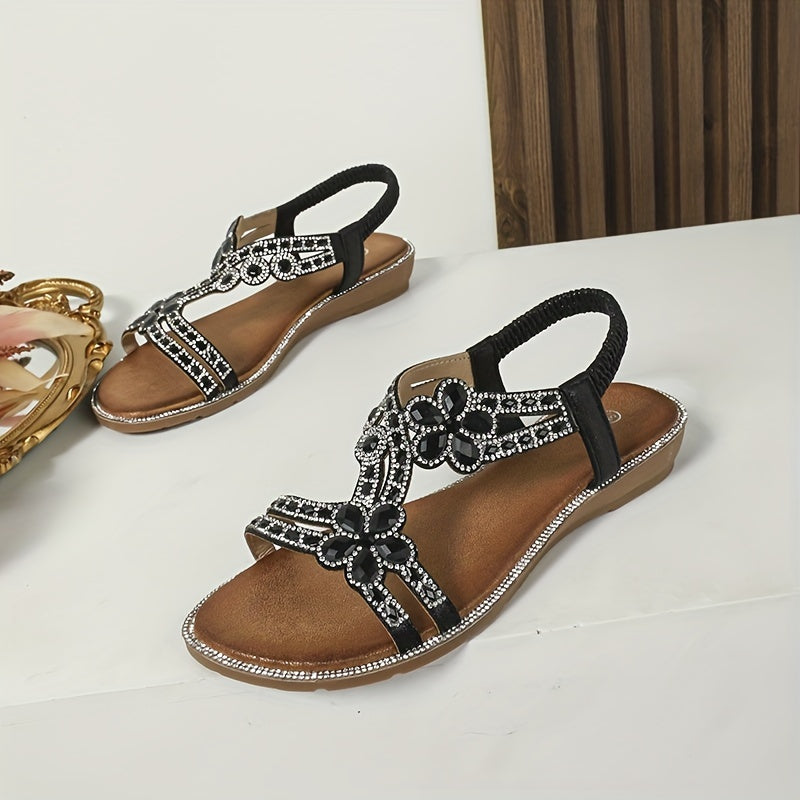 Stilla | Boho Blomster Rhinestone Sandaler Med Åben Tå Og Elastisk Rem