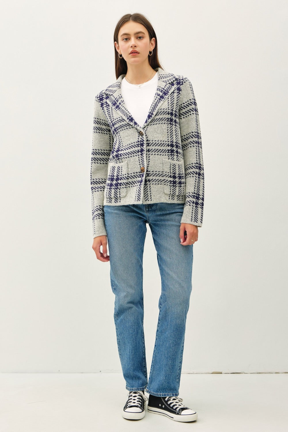 Stilla | Cool Plaid Langærmet Sweaterjakke med Foran Patcheslommer
