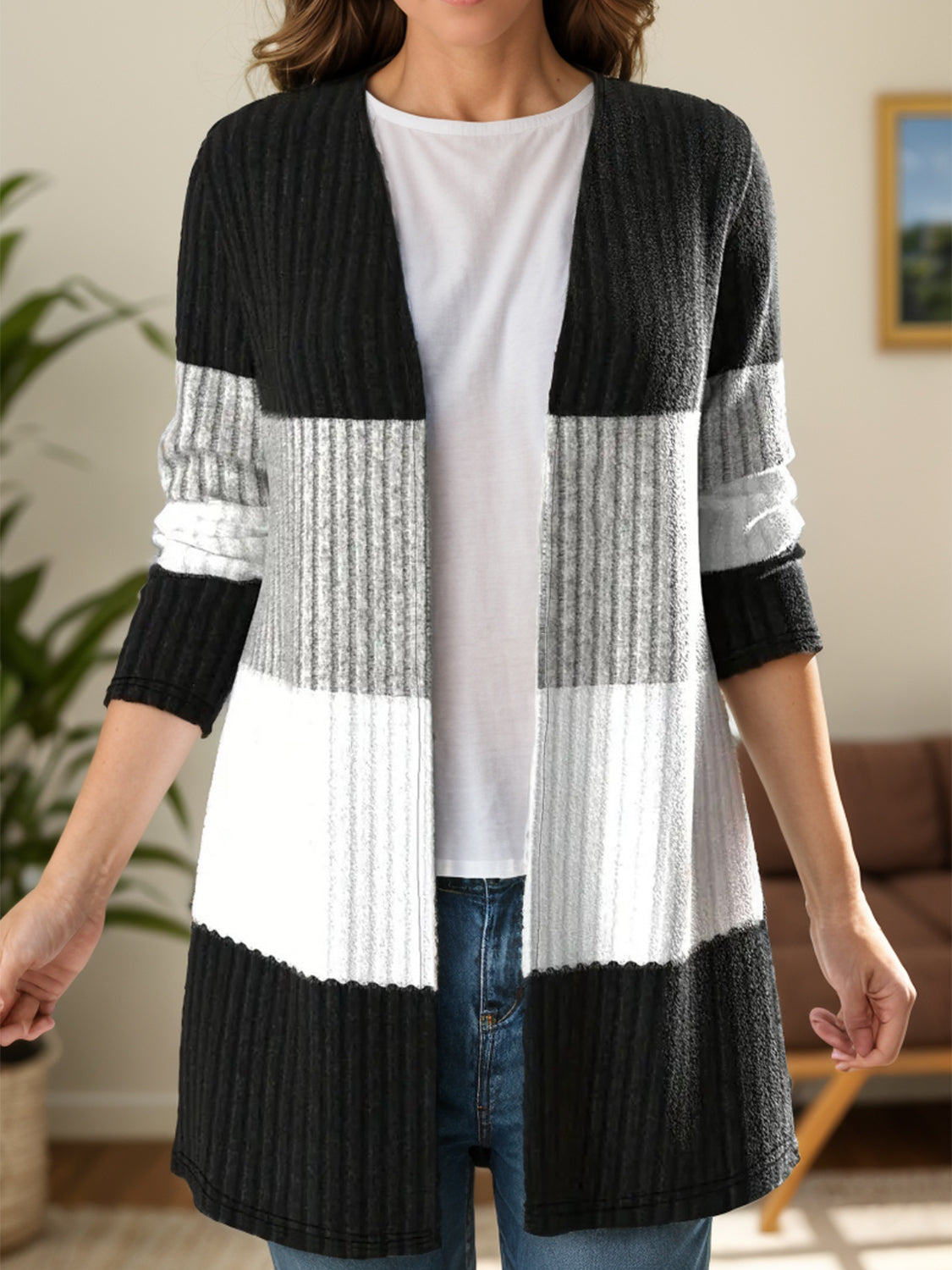 Stilla | Block Åben Front Langærmet Cardigan