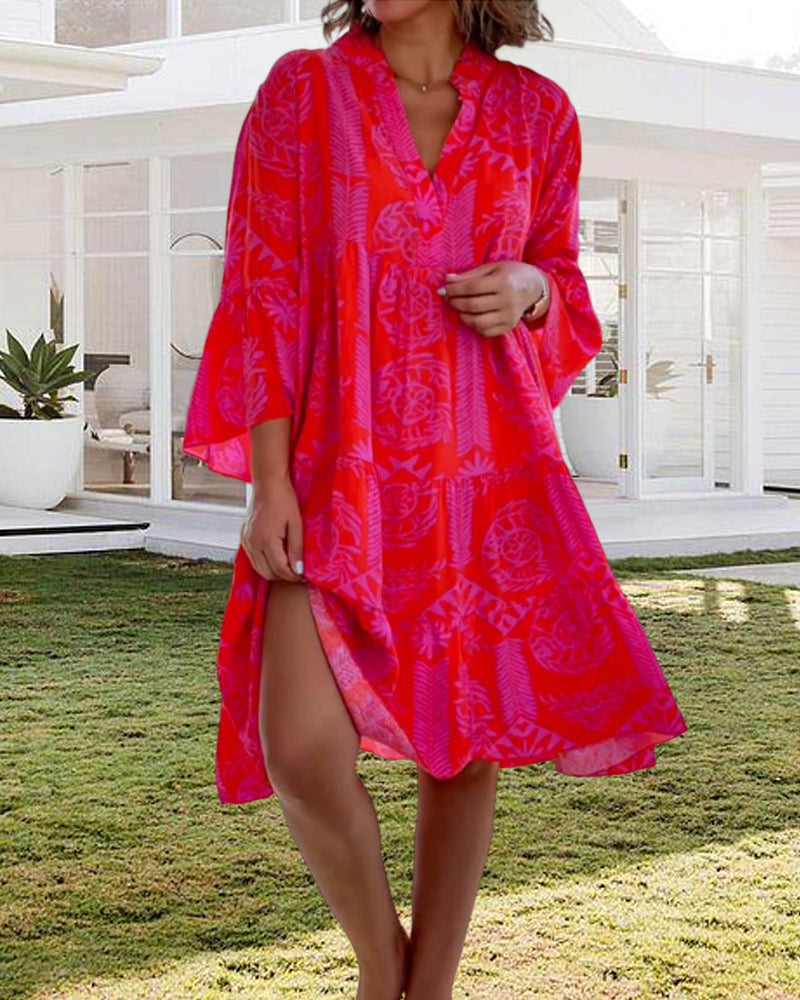 Stilla | 3/4-Ærmet Kjole med Geometrisk Boho-Print
