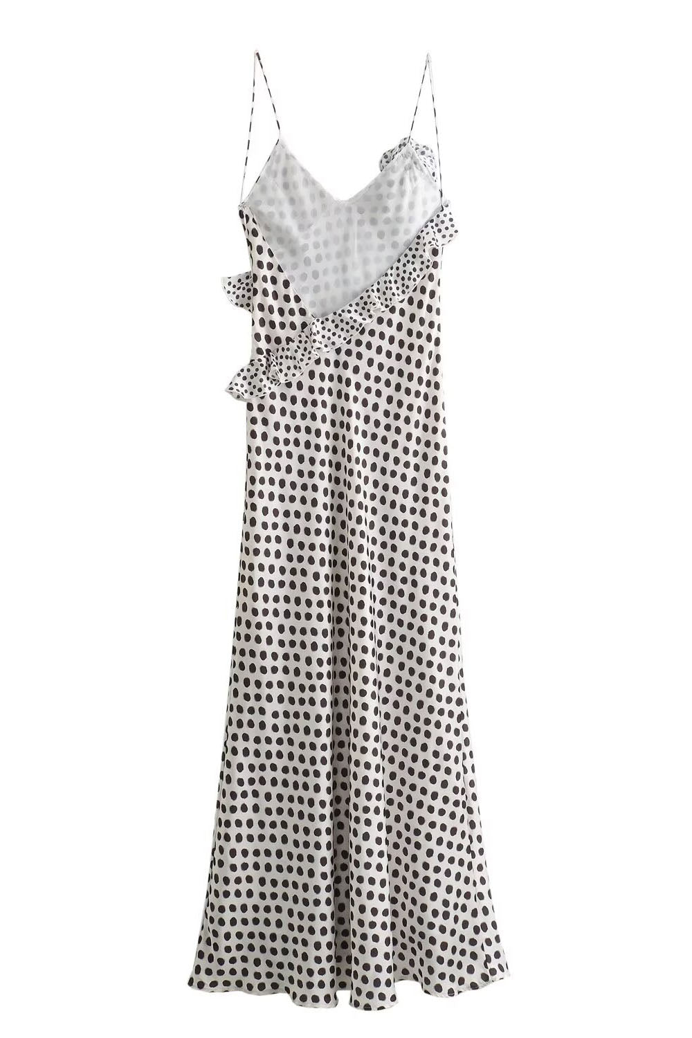 Stilla | Lang Prikket Kjole med Flæsedetaljer Polyester Elegant & Tidssvarende