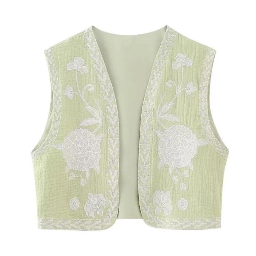 Stilla | Broderet ærmeløs vest med blomsteraccenter