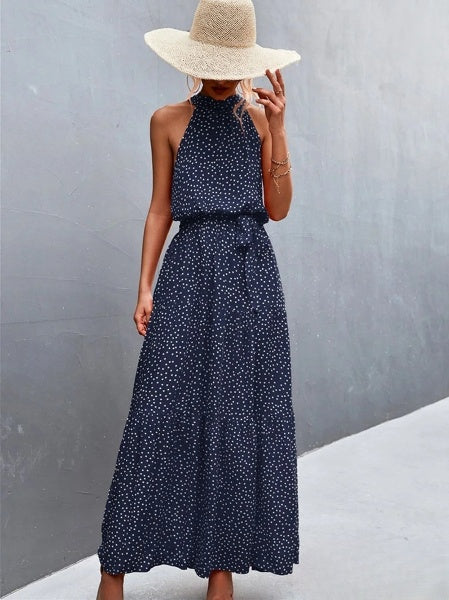 Stilla | Strappy Halterneck Jumpsuit Kjole Med Flæser Og Prikker Print, Bestseller