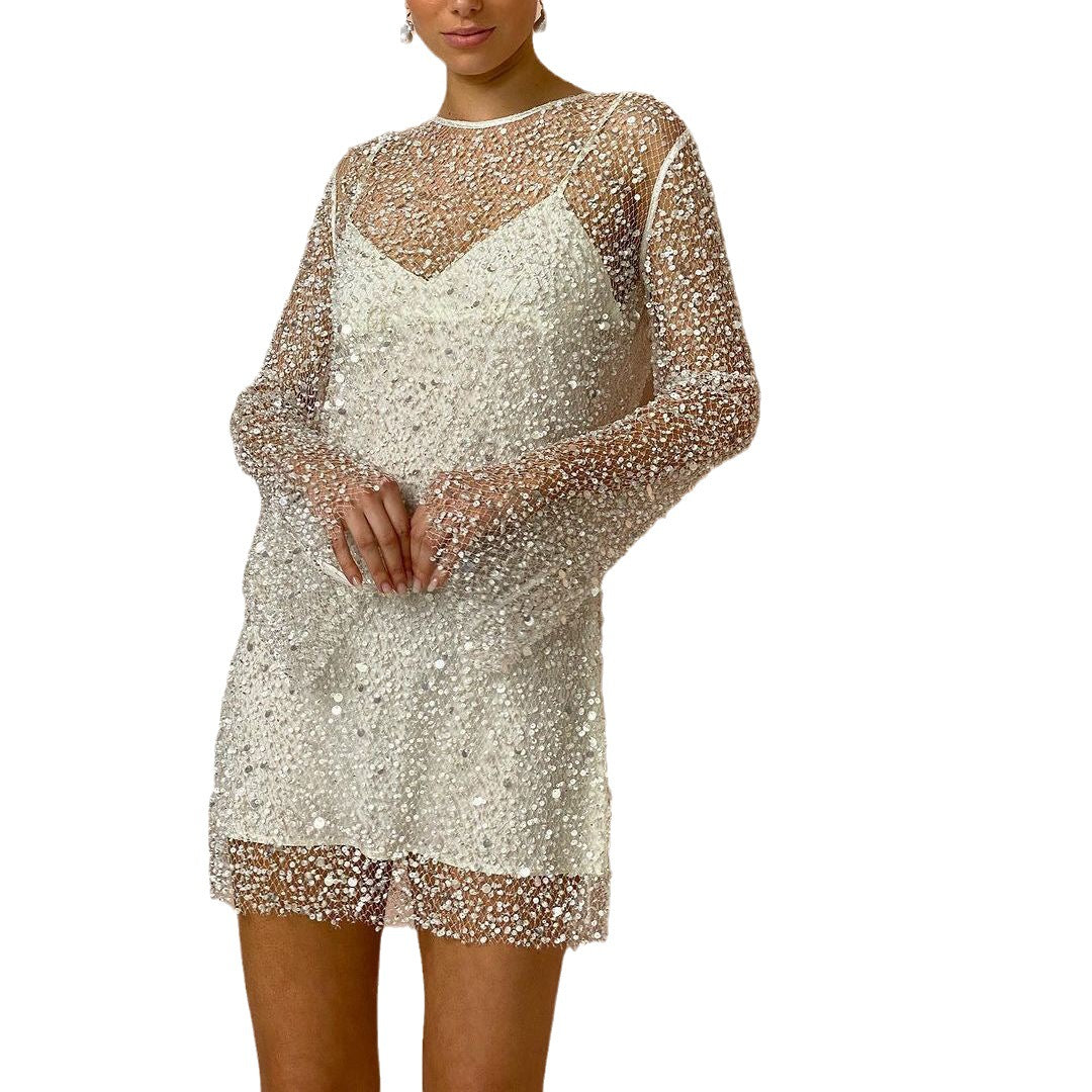 Stilla | Elegant to-delt mesh kjole med perler til specialle lejligheder