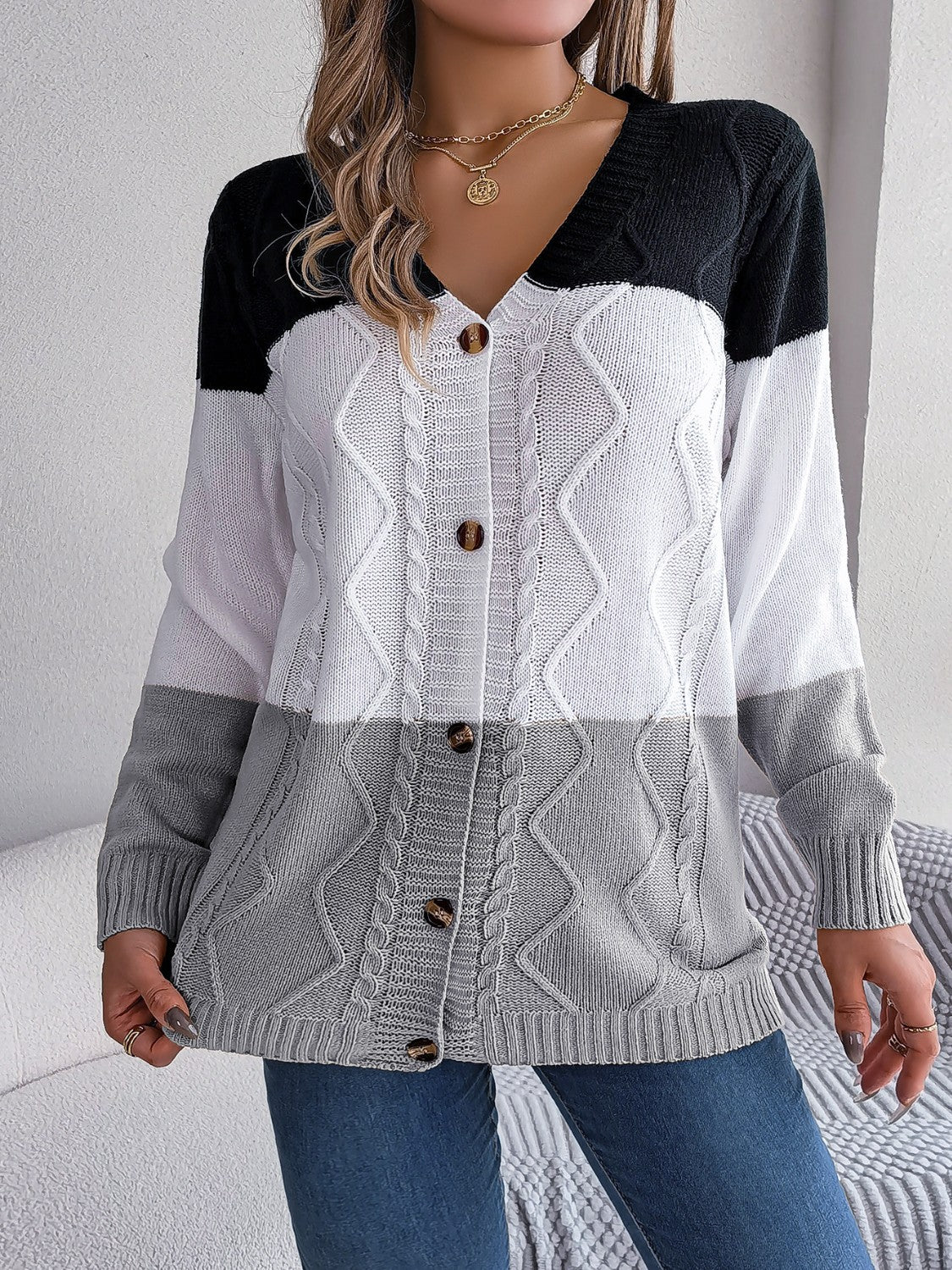 Stilla | Strikket Stribet Knappet Cardigan